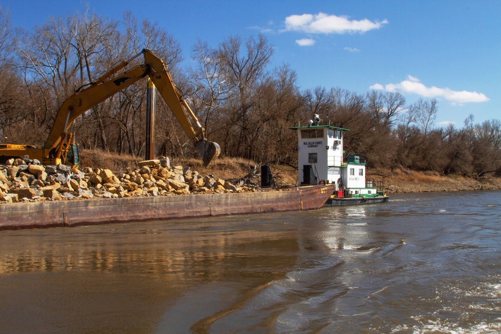 Contractors working on Missouri River training structures