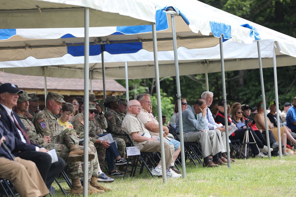 Gold star families enjoy a speech from Col. Matthew Braman, the deputy commanding officer of the 10th Mountain Division, at a rededication ceremony on Whiteface Mountain