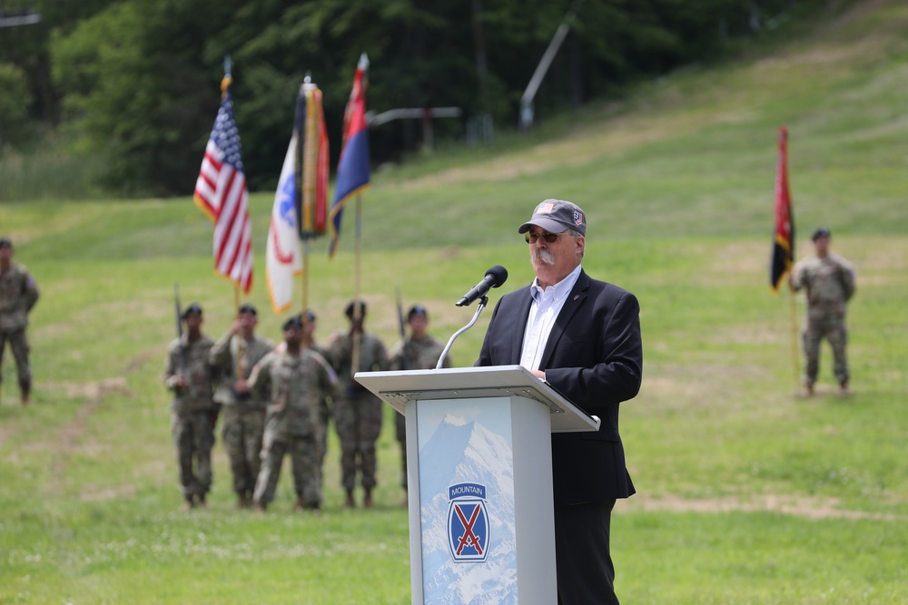 Mr. Richard Hamlin, the historian in the National Ski Patrol, speaks at a rededication ceremony on Whiteface Mountain