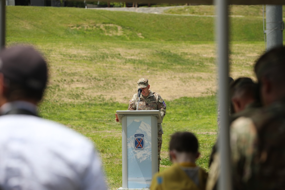 Lt. Col. David Atkins, the chaplain for the 10th Mountain Division, speaks at a rededication ceremony on Whiteface Mountain