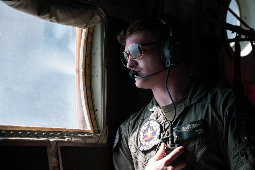 KC-130 J Hercules refuels MV-22B Osprey tiltrotor aircraft