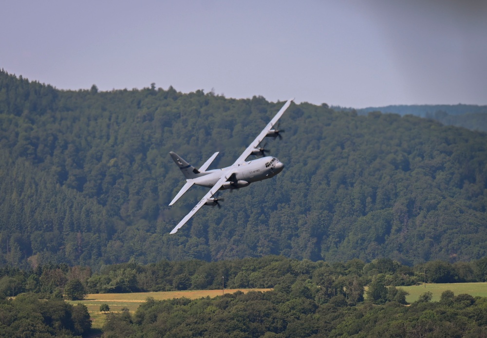 Kentucky and Texas Air National Guard C-130J Super Hercules aircraft fly low-level mission over Germany during Air Defender 2023