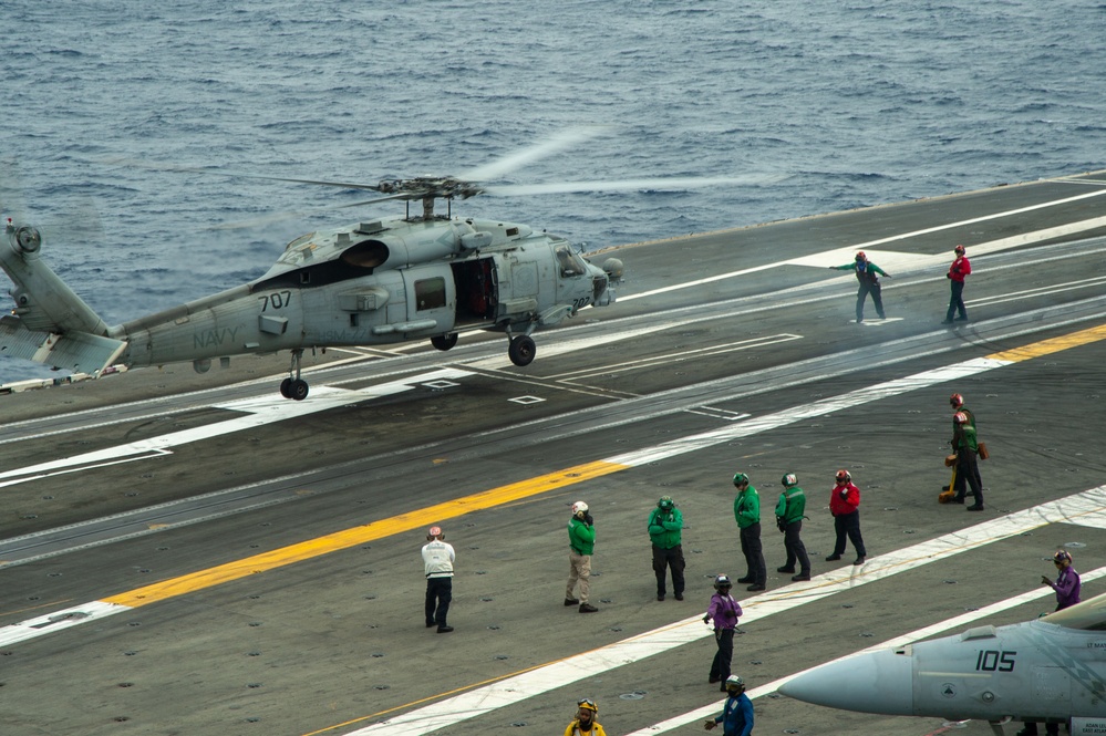 USS Ronald Reagan (CVN 76) conduct flight operations in the South China Sea