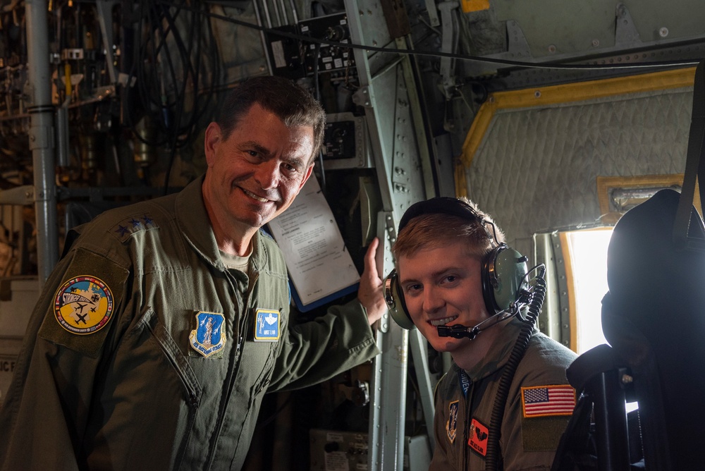 U.S. Air Force General Loh, director, Air National Guard, aboard the 182nd Airlift Wing's C-130 Hercules aircraft