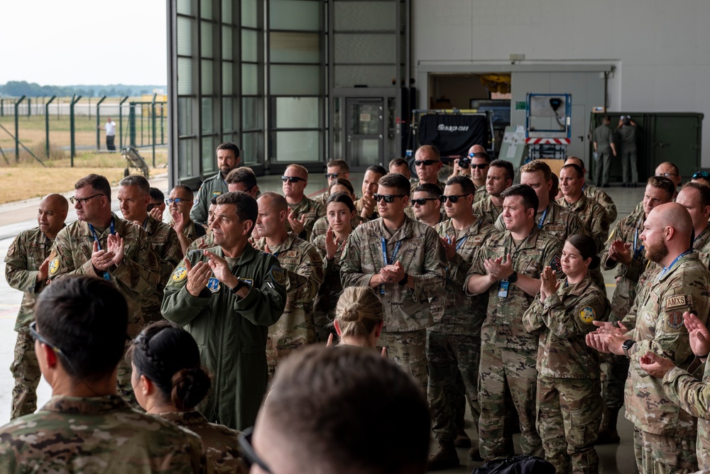 U.S. Air Force General Loh, director, Air National Guard, addresses Airmen at Wunstorf Air Base