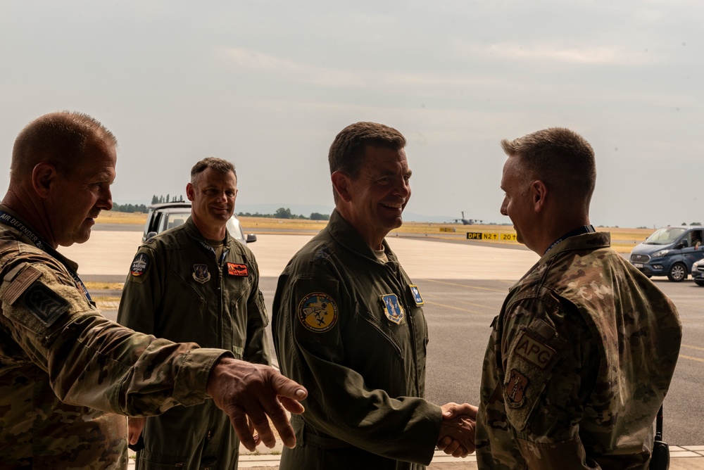 U.S. Air Force General Loh, director, Air National Guard, recognizes Airman's excellent service at Air Defender 2023