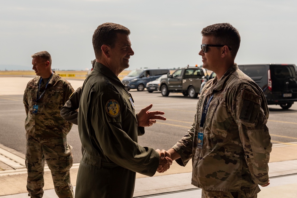 U.S. Air Force General Loh, director, Air National Guard, recognizes Airman's excellent service at Air Defender 2023