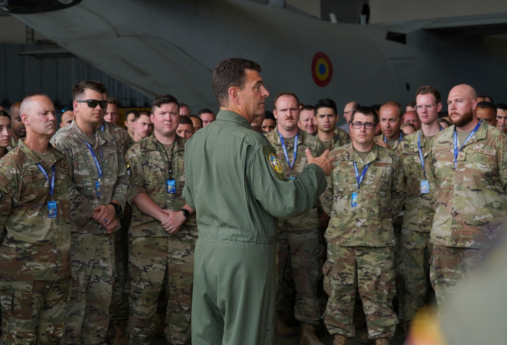 Director of the Air National Guard addresses Airmen at Wunstorf Air Base during Exercise Air Defender 23