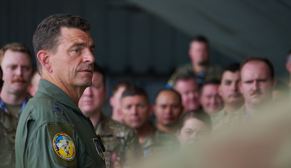 Director of the Air National Guard addresses Airmen at Wunstorf Air Base during Exercise Air Defender 23