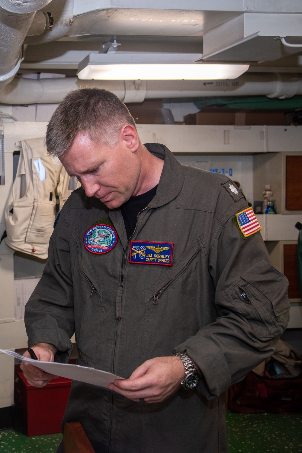 USS Ronald Reagan (CVN 76) Safety department Sailors process paper work