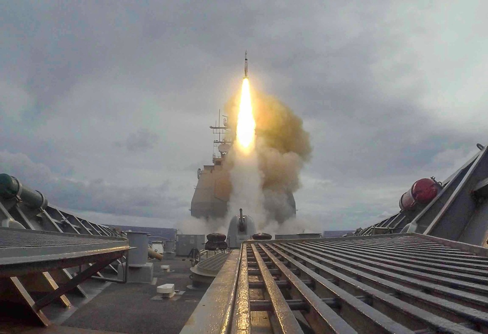 USS Shiloh Fires A Missile During Pacific Griffin 2023