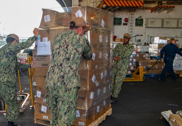 Sailors on-load food aboard USS Carl Vinson (CVN 70)