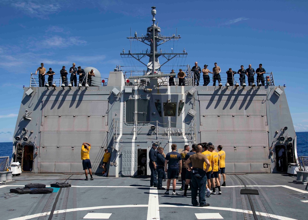 Sailors participate in an oleoresin capsicum (OC) course aboard USS Ralph Johnson (DDG 114), 28 June.