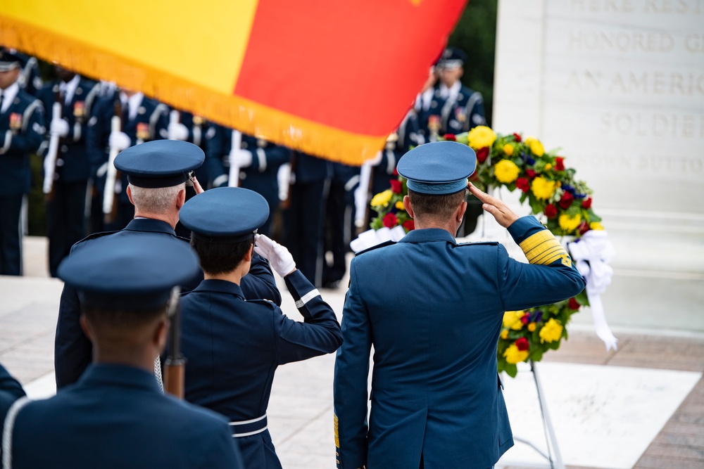 Chief of the Romanian Air Force Staff Lt. Gen. Viorel Pana Participates in an Air Force Full Honors Wreath-Laying Ceremony at the Tomb of the Unknown Soldier