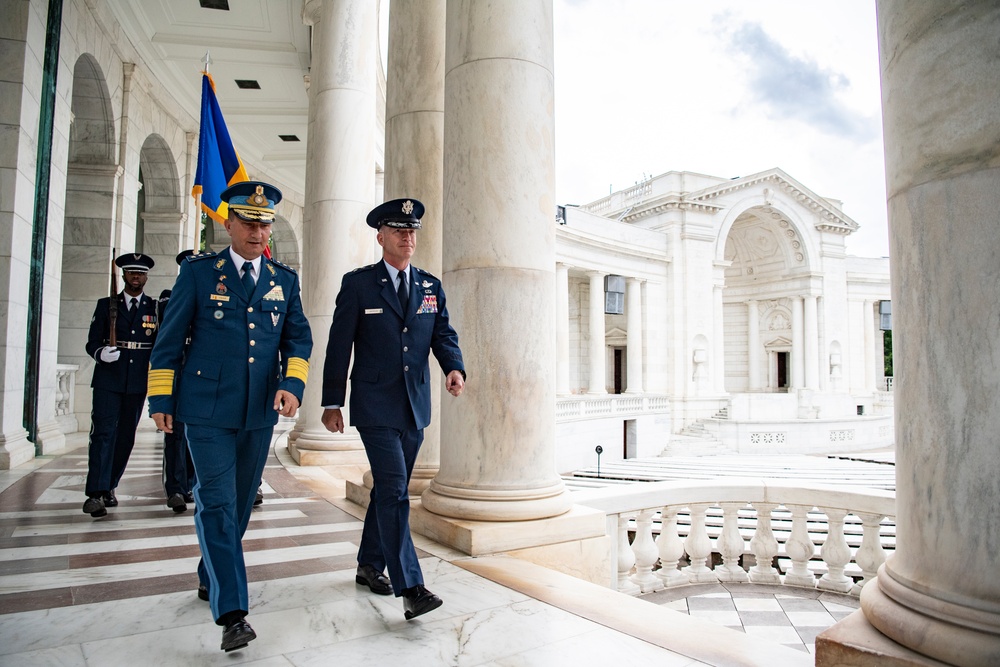 Chief of the Romanian Air Force Staff Lt. Gen. Viorel Pana Participates in an Air Force Full Honors Wreath-Laying Ceremony at the Tomb of the Unknown Soldier