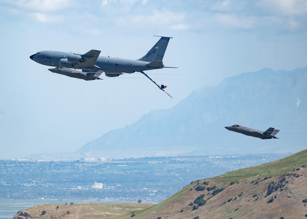 A KC-135 and Two F-35As fly over Utah during Operation Centennial Contact