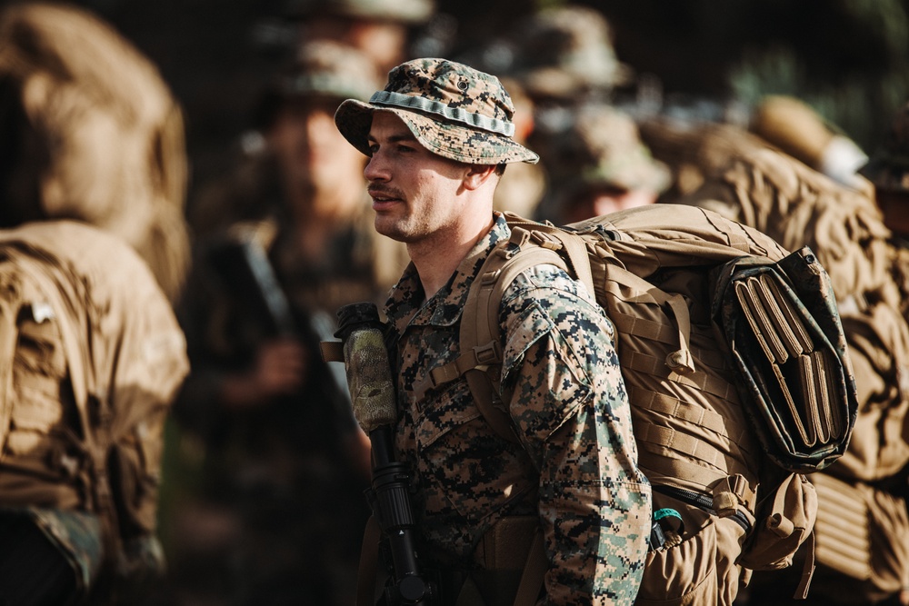 U.S. Marines with 2/23 conduct a conditioning hike during Mountain Exercise 4-23