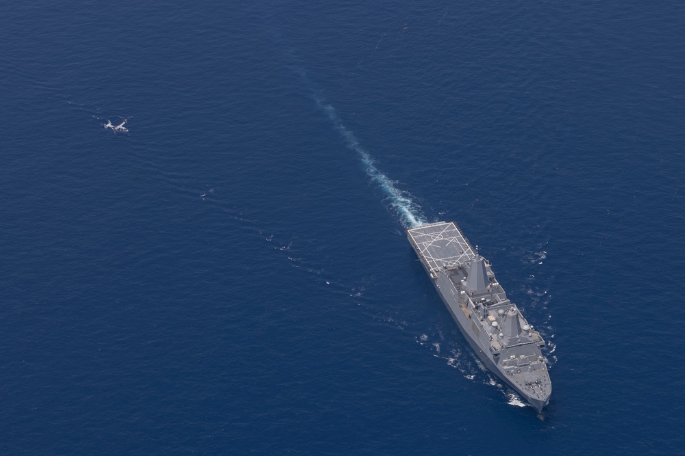 U.S. Marine Corps Squadron VMM-774 lands V-22 Ospreys on USS New York