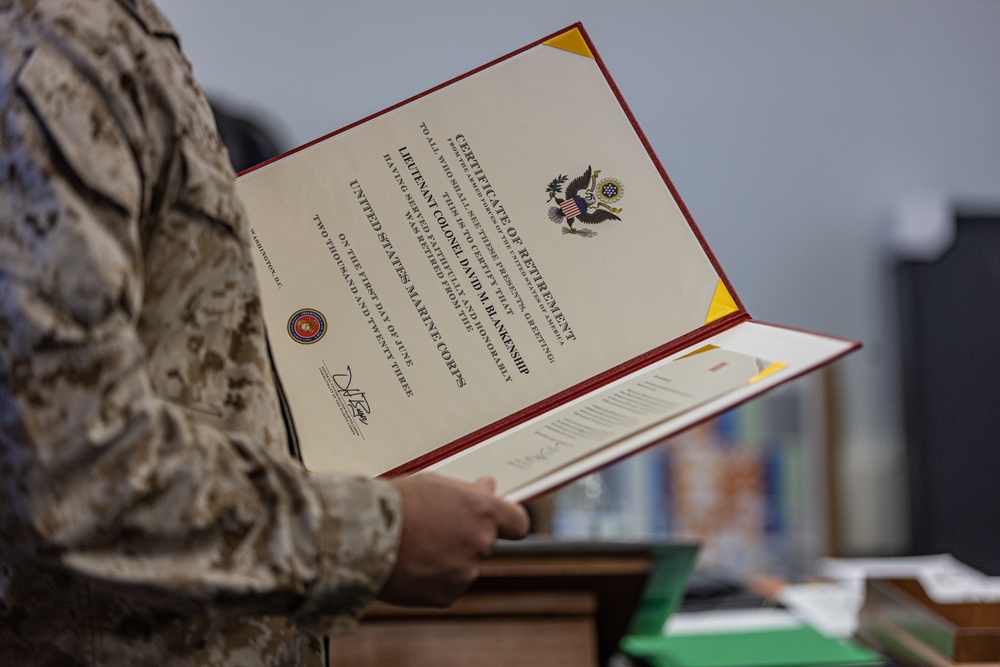 U.S. Marine Corps Lt. Col. David M. Blankenship honorably retires after 20 years of service