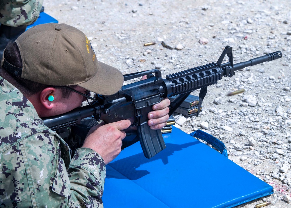 USS MANCHESTER CONDUCTS FIRE AT GUN RANGE NAVAL BASE GUAM