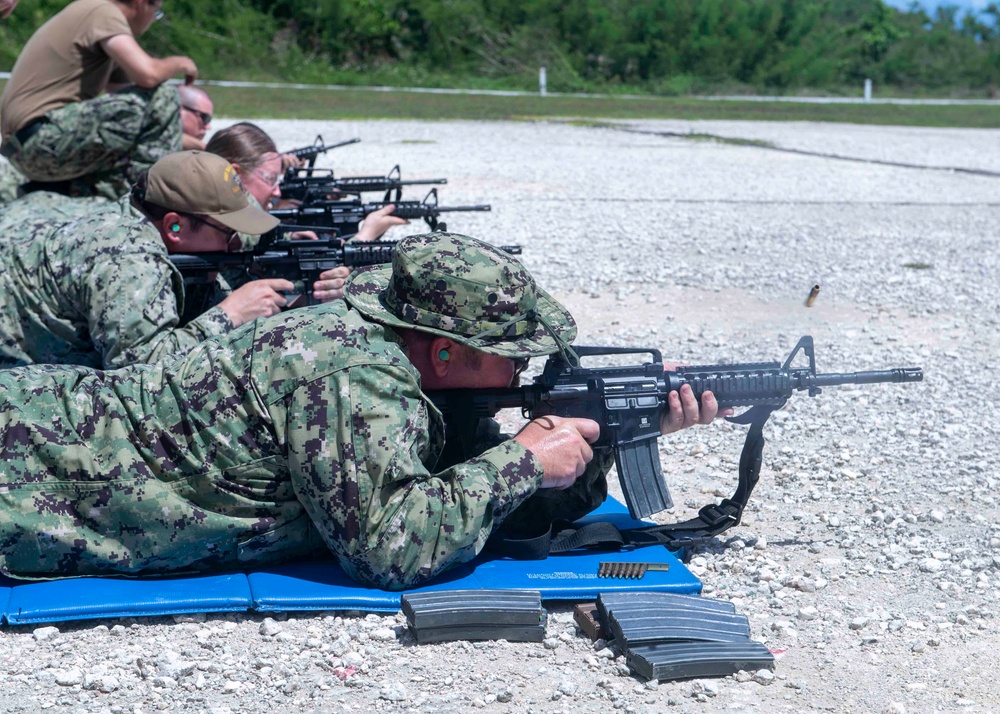 USS MANCHESTER CONDUCTS FIRE AT GUN RANGE NAVAL BASE GUAM