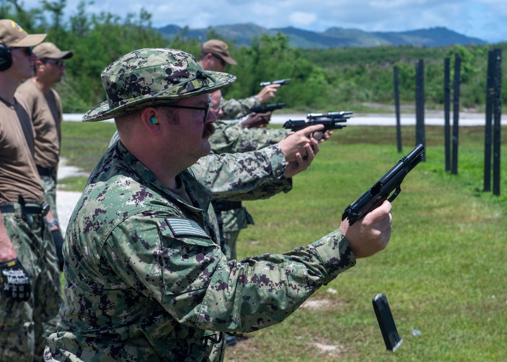 USS MANCHESTER CONDUCTS FIRE AT GUN RANGE NAVAL BASE GUAM