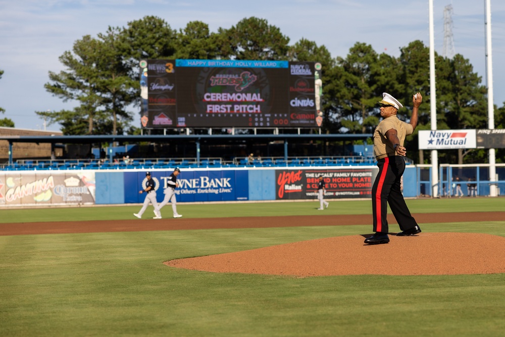 Lt. Col. Brian Cavanaugh and Marines from MARFORCOM participate in Norfolk Tides' &quot;Marine Night&quot; at Harbor Park