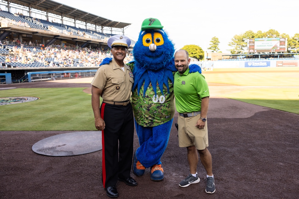 Lt. Col. Brian Cavanaugh and Marines from MARFORCOM participate in Norfolk Tides' &quot;Marine Night&quot; at Harbor Park