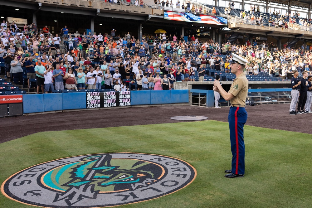 Lt. Col. Brian Cavanaugh and Marines from MARFORCOM participate in Norfolk Tides' &quot;Marine Night&quot; at Harbor Park