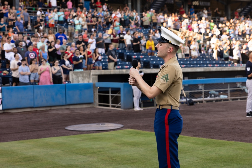 Lt. Col. Brian Cavanaugh and Marines from MARFORCOM participate in Norfolk Tides' &quot;Marine Night&quot; at Harbor Park