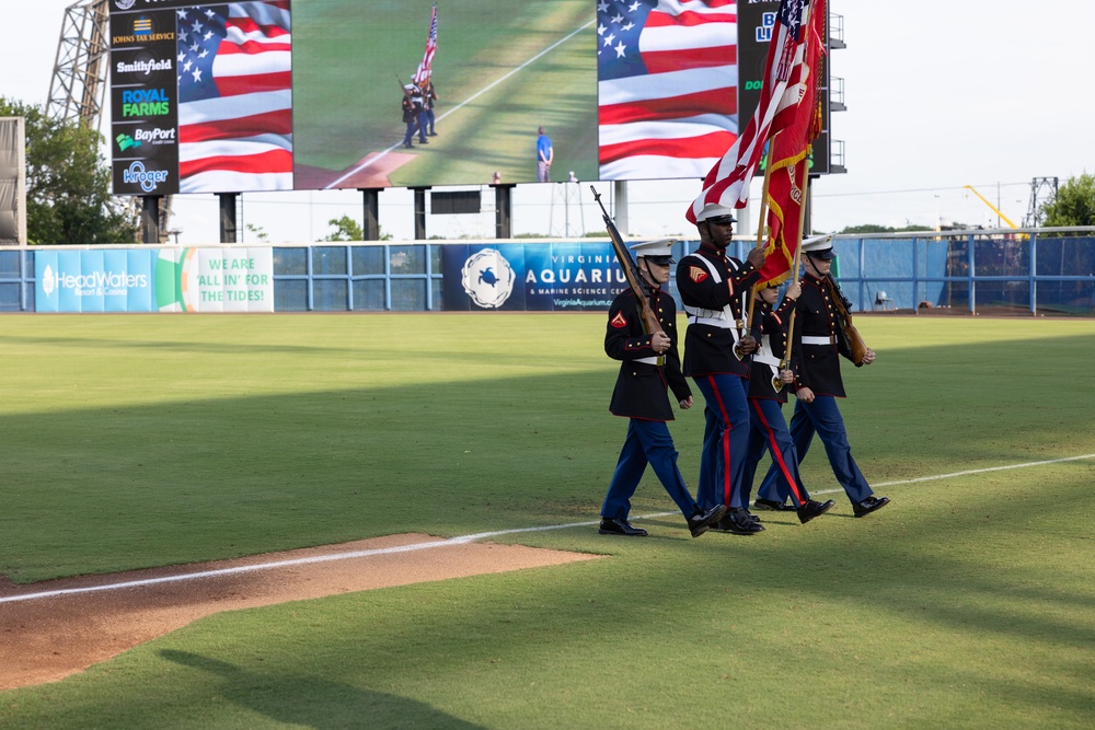 Lt. Col. Brian Cavanaugh and Marines from MARFORCOM participate in Norfolk Tides' &quot;Marine Night&quot; at Harbor Park