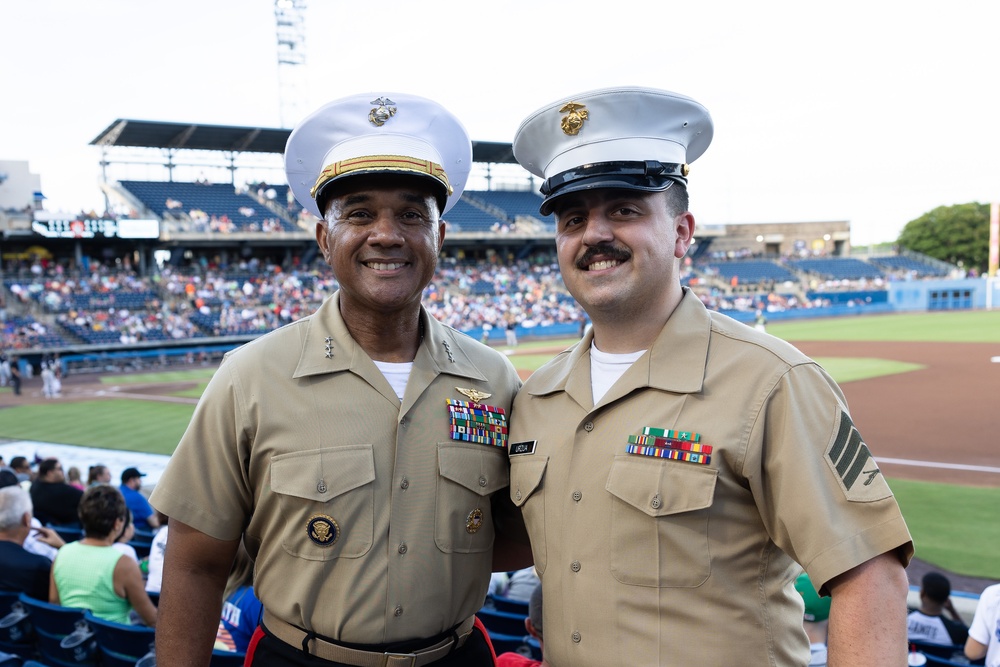 Lt. Col. Brian Cavanaugh and Marines from MARFORCOM participate in Norfolk Tides' &quot;Marine Night&quot; at Harbor Park