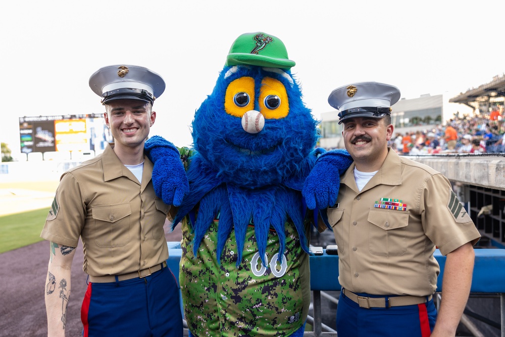 Lt. Col. Brian Cavanaugh and Marines from MARFORCOM participate in Norfolk Tides' &quot;Marine Night&quot; at Harbor Park