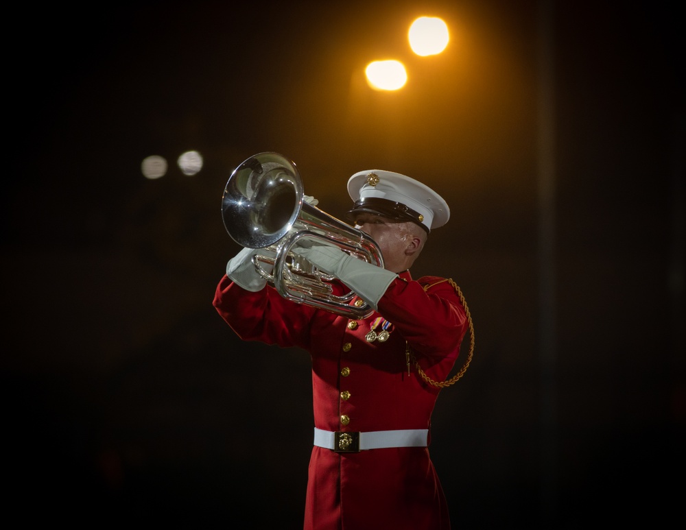 Marines with “The Commandant’s Own,” U.S. Marine Drum &amp; Bugle Corps, perform at the Beanpot Invitational in Lynn, Ma.