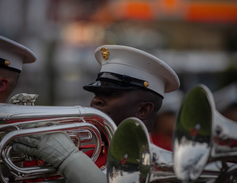 Marines with “The Commandant’s Own,” U.S. Marine Drum &amp; Bugle Corps, perform at the Beanpot Invitational in Lynn, Ma.