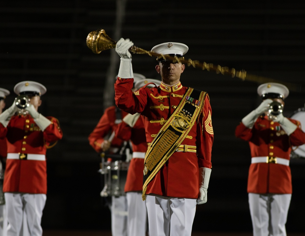 Marines with “The Commandant’s Own,” U.S. Marine Drum &amp; Bugle Corps, perform at the Beanpot Invitational in Lynn, Ma.