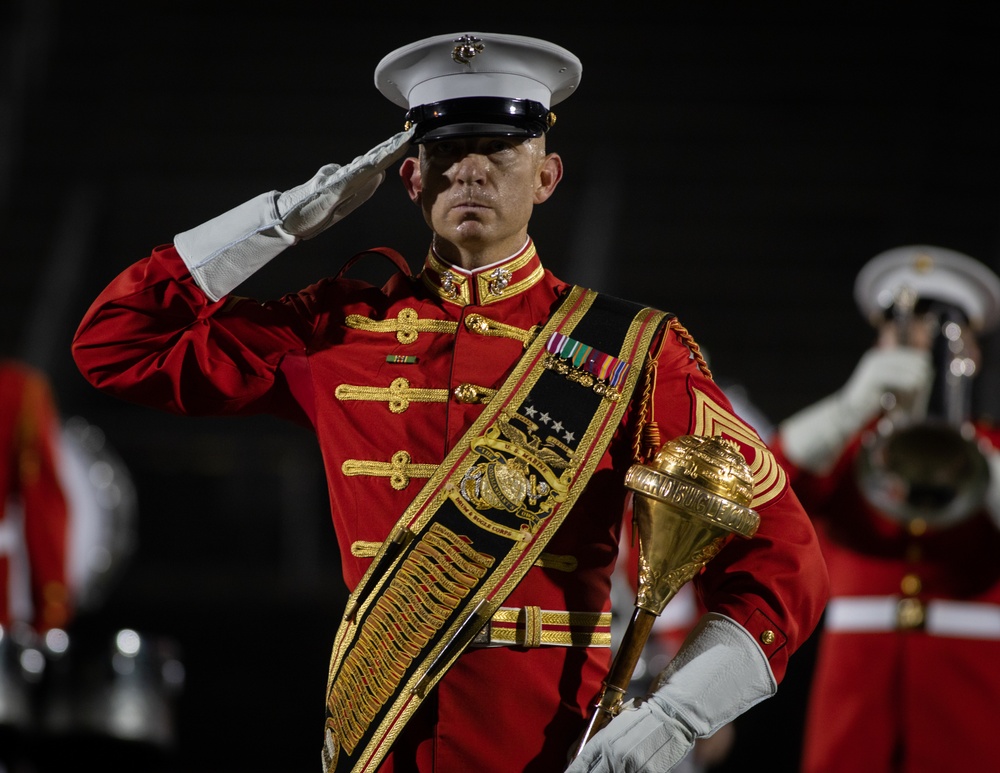 Marines with “The Commandant’s Own,” U.S. Marine Drum &amp; Bugle Corps, perform at the Beanpot Invitational in Lynn, Ma.