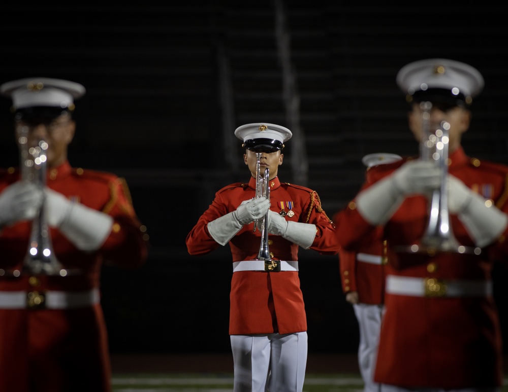 Marines with “The Commandant’s Own,” U.S. Marine Drum &amp; Bugle Corps, perform at the Beanpot Invitational in Lynn, Ma.