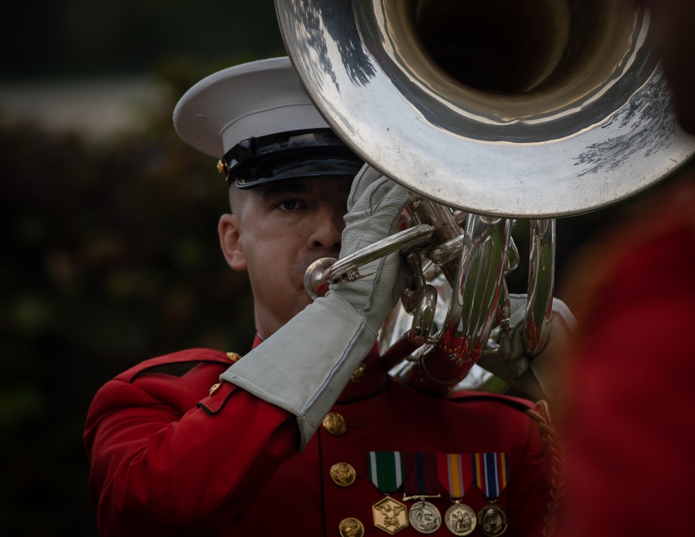 Marines with “The Commandant’s Own,” U.S. Marine Drum &amp; Bugle Corps, perform at the Beanpot Invitational in Lynn, Ma.