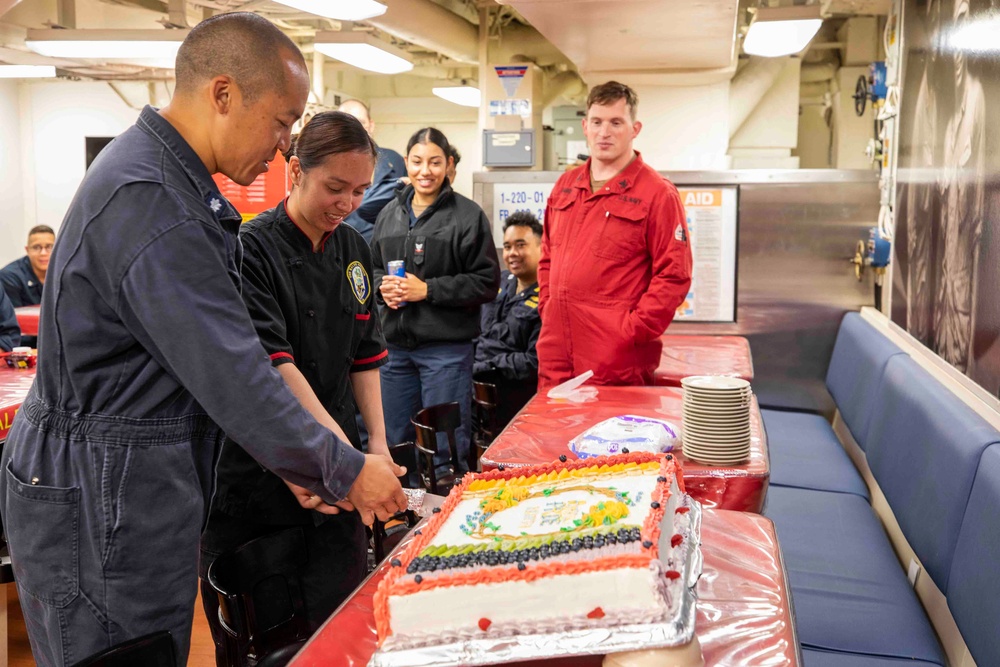 Sailors celebrate Pride Month aboard USS Ralph Johnson (DDG 114), 30 June.