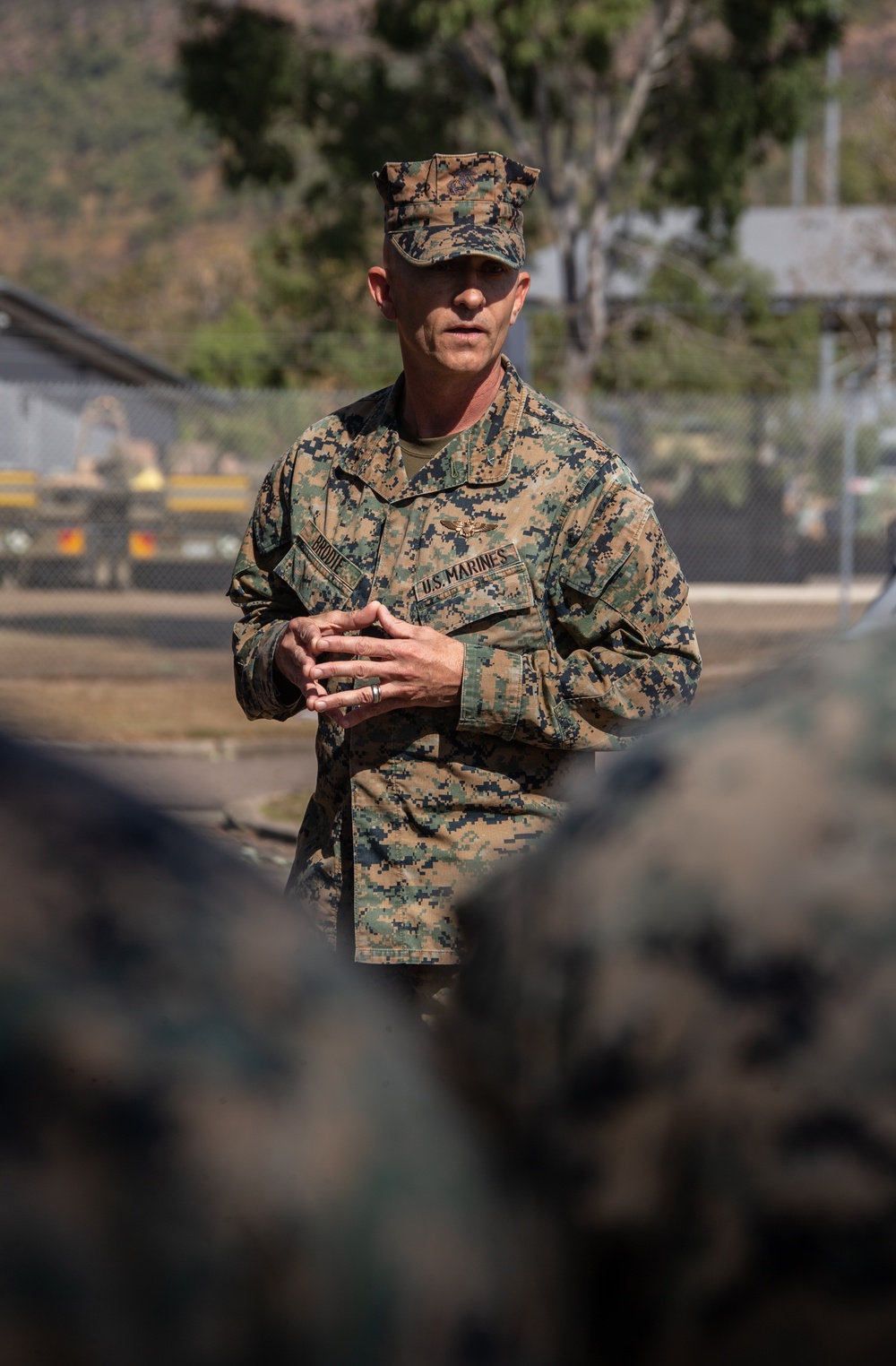 I MEF (Forward) Commander and Sergeant Major speak to Marines forward deployed