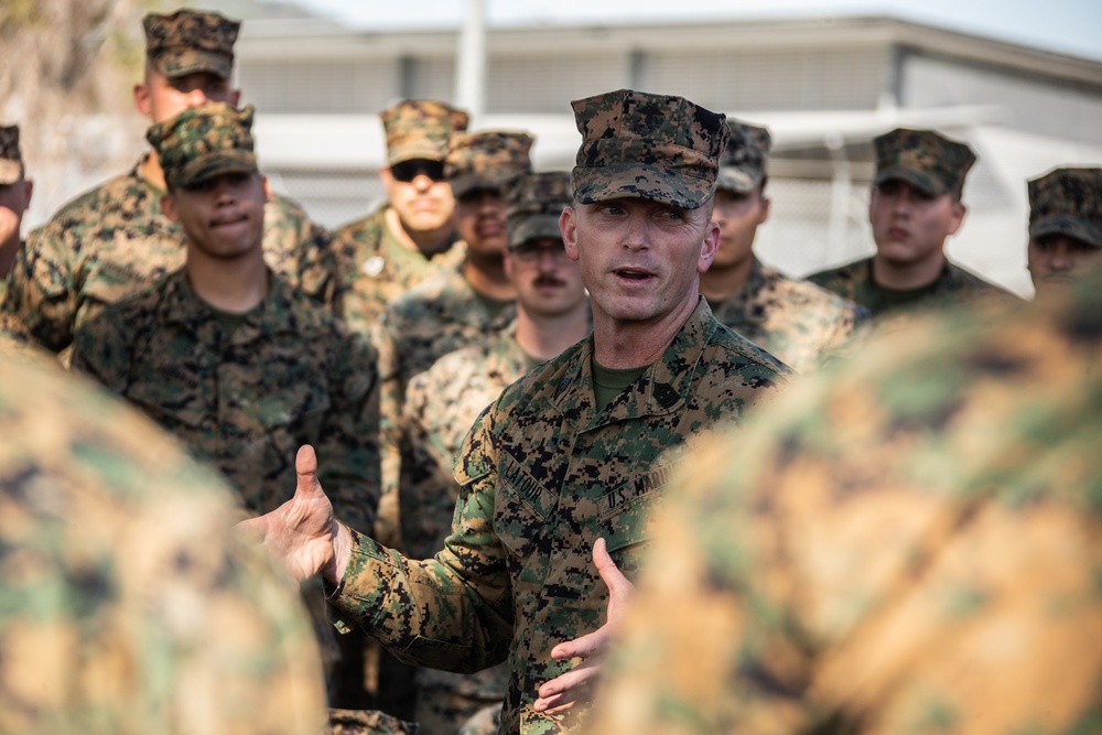 I MEF (Forward) Commander and Sergeant Major speak to Marines forward deployed