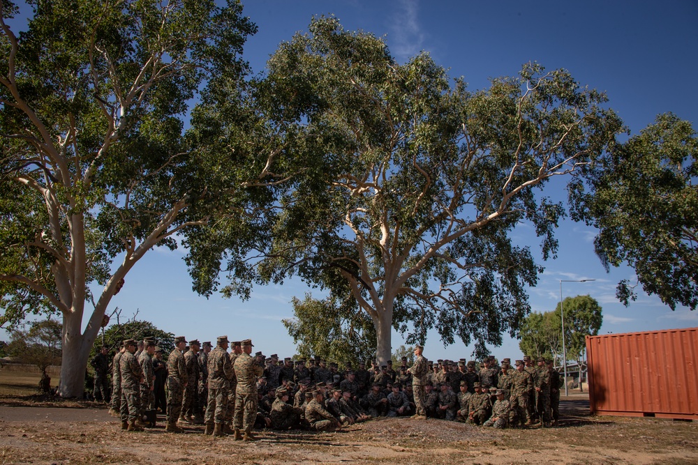 I MEF (Forward) Commander and Sergeant Major speak to Marines forward deployed