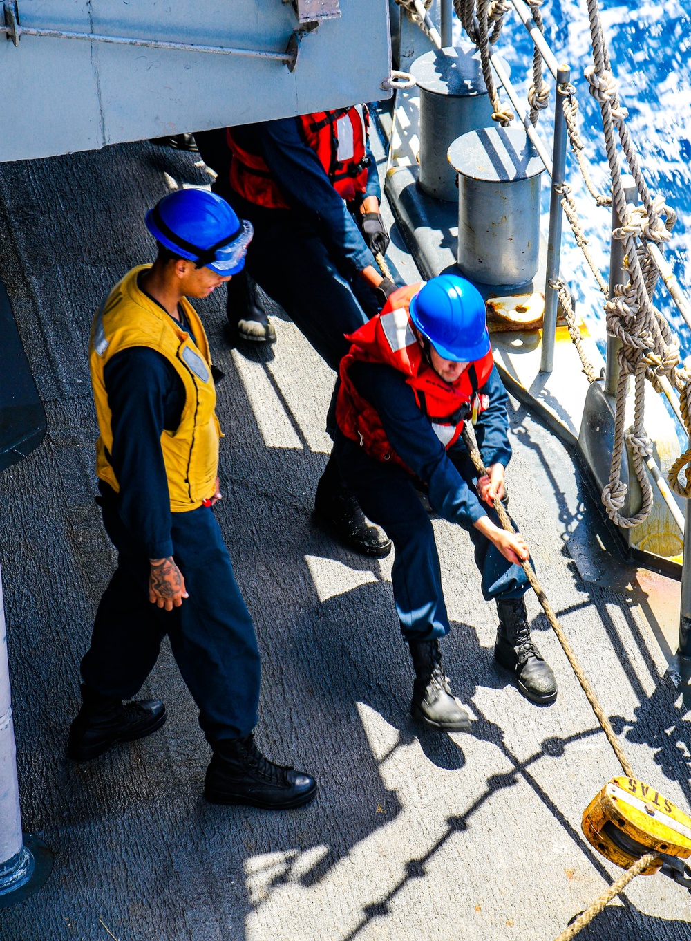 USS Robert Smalls (CG 62) Sailors Hold the Line during RAS