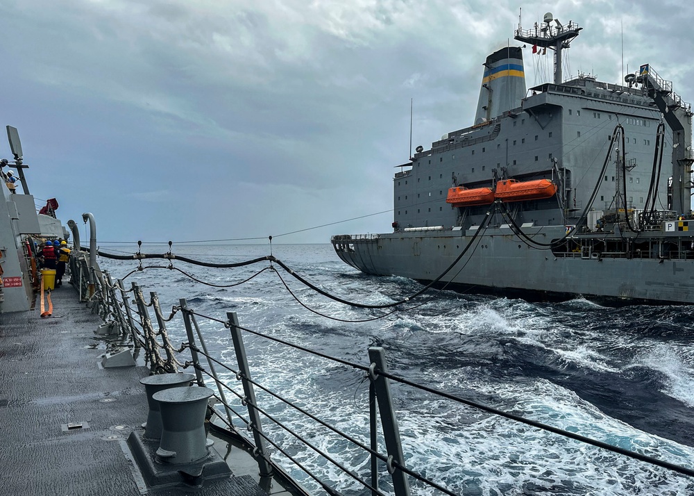 USS Rafael Peralta (DDG 115) conducts a replenishment-at-sea with the Military Sealift Command fleet replenishment oiler USNS Rappahannock (T-AO 204)