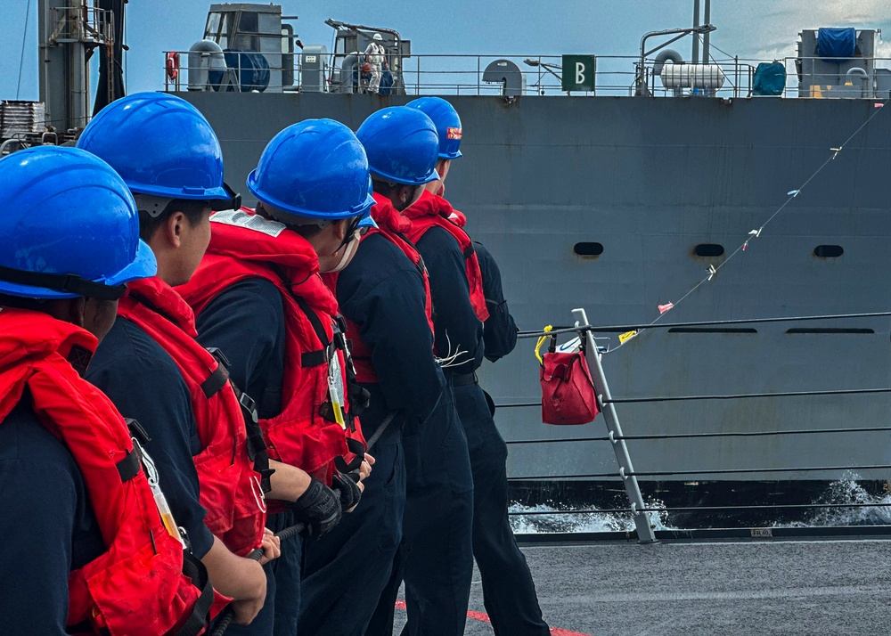 USS Rafael Peralta (DDG 115) conducts a replenishment-at-sea with the Military Sealift Command fleet replenishment oiler USNS Rappahannock (T-AO 204)