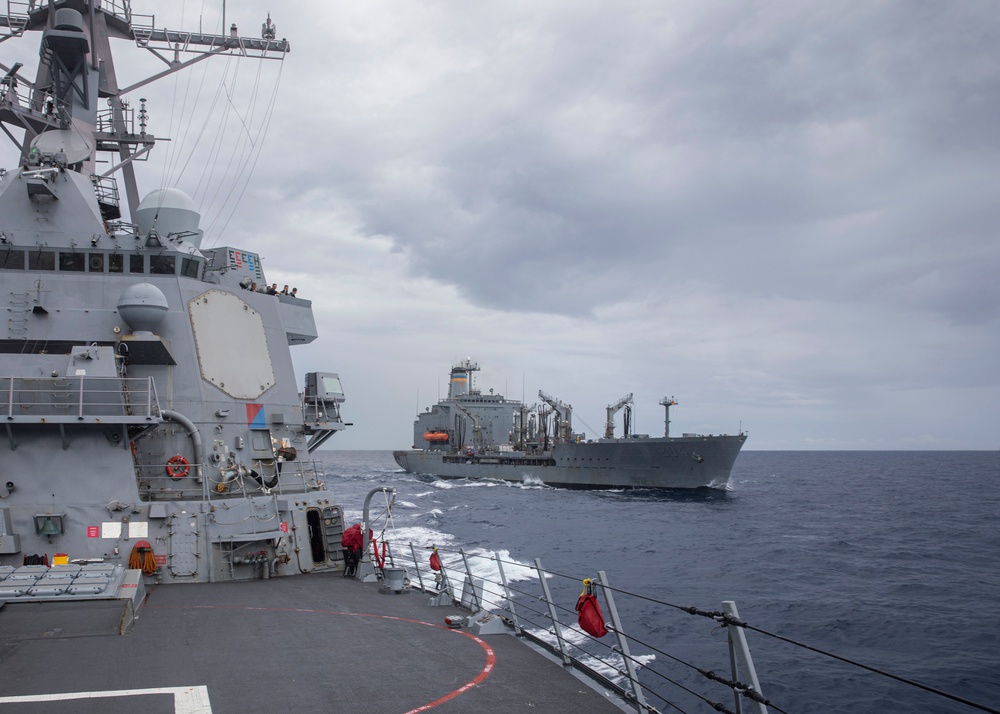 USS Rafael Peralta (DDG 115) conducts a replenishment-at-sea with the Military Sealift Command fleet replenishment oiler USNS Rappahannock (T-AO 204)