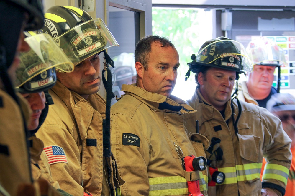 Selfridge Air National Guard Base Firefighters Repurpose Building Under going Demolition for Realistic Training.