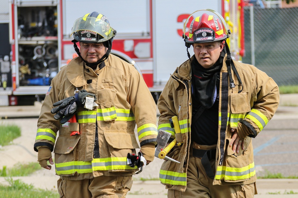 Selfridge Firefighters Train in Realistic Scenarios Inside Hangar Under Demolition.