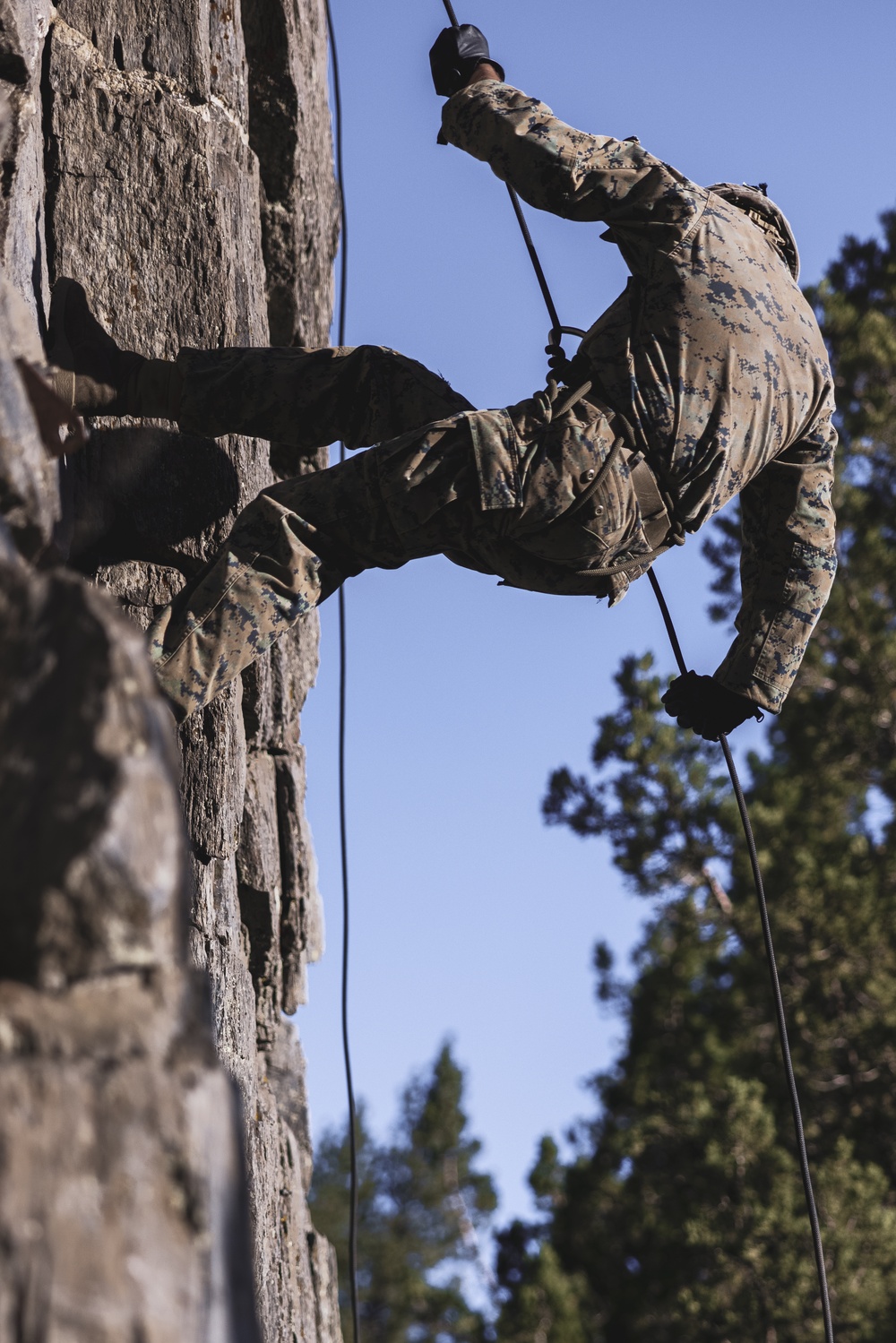 U.S. Marines with 4th Marine Division conduct rappelling training during Mountain Exercise 4-23